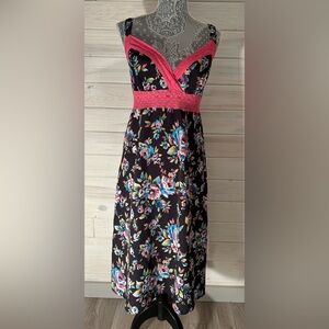 Vintage Betsey Johnson 90’s Nostalgia Floral Crochet Lace Trim Midi Dress Large